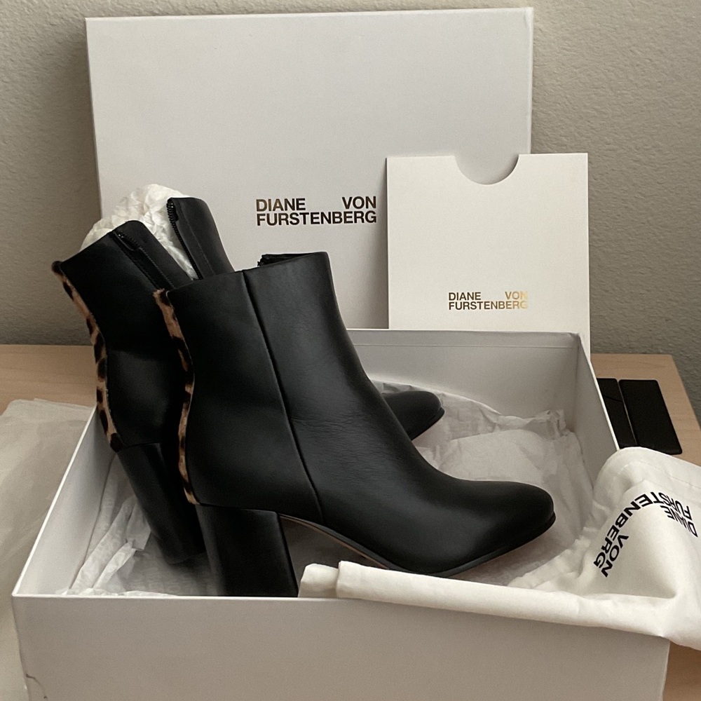 Diane Von Furstenberg Black and Leopard Ankle Boots